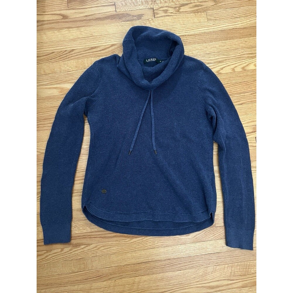 Lauren Ralph Lauren Cowl Neck Women Med. Blue Waffle Knit Cotton Sweater Casual